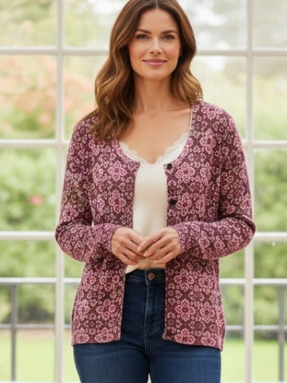 Talbots Size L Holiday Burgundy Geometric Metallic Sparkle Cardigan Sweater